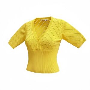 Vintage Tami Size 36 S Yellow V-Neck Half Arm Acrylic 70s Top Knit